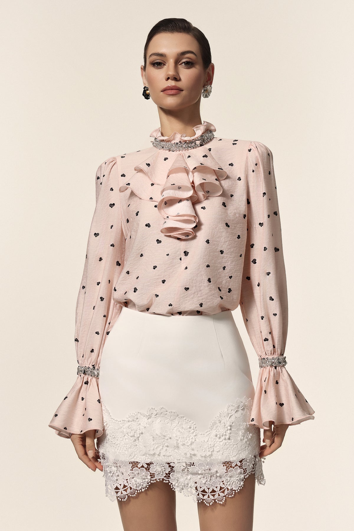Krome Folds Dot Printed Sequin Lace Top And Skirt Two-Piece Set