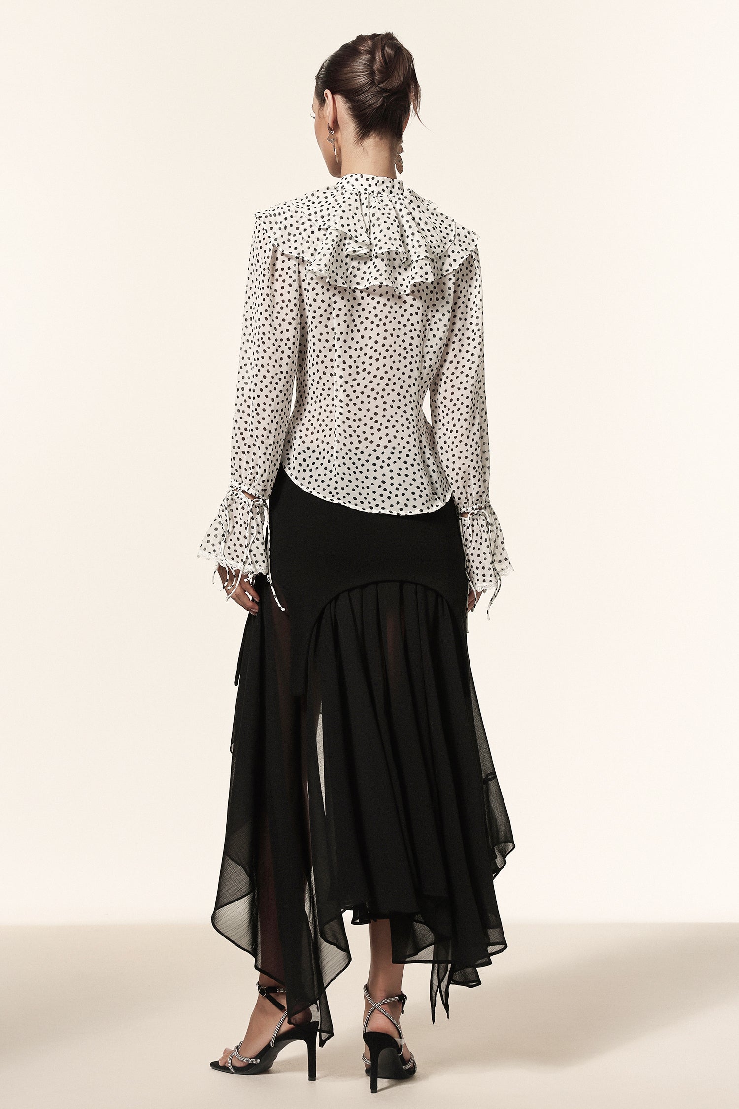 Gerianna V-Neck Long Sleeves Folds Dot Printed Asymmetric Top And Skirt Two-Piece Set