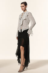 Gerianna V-Neck Long Sleeves Folds Dot Printed Asymmetric Top And Skirt Two-Piece Set