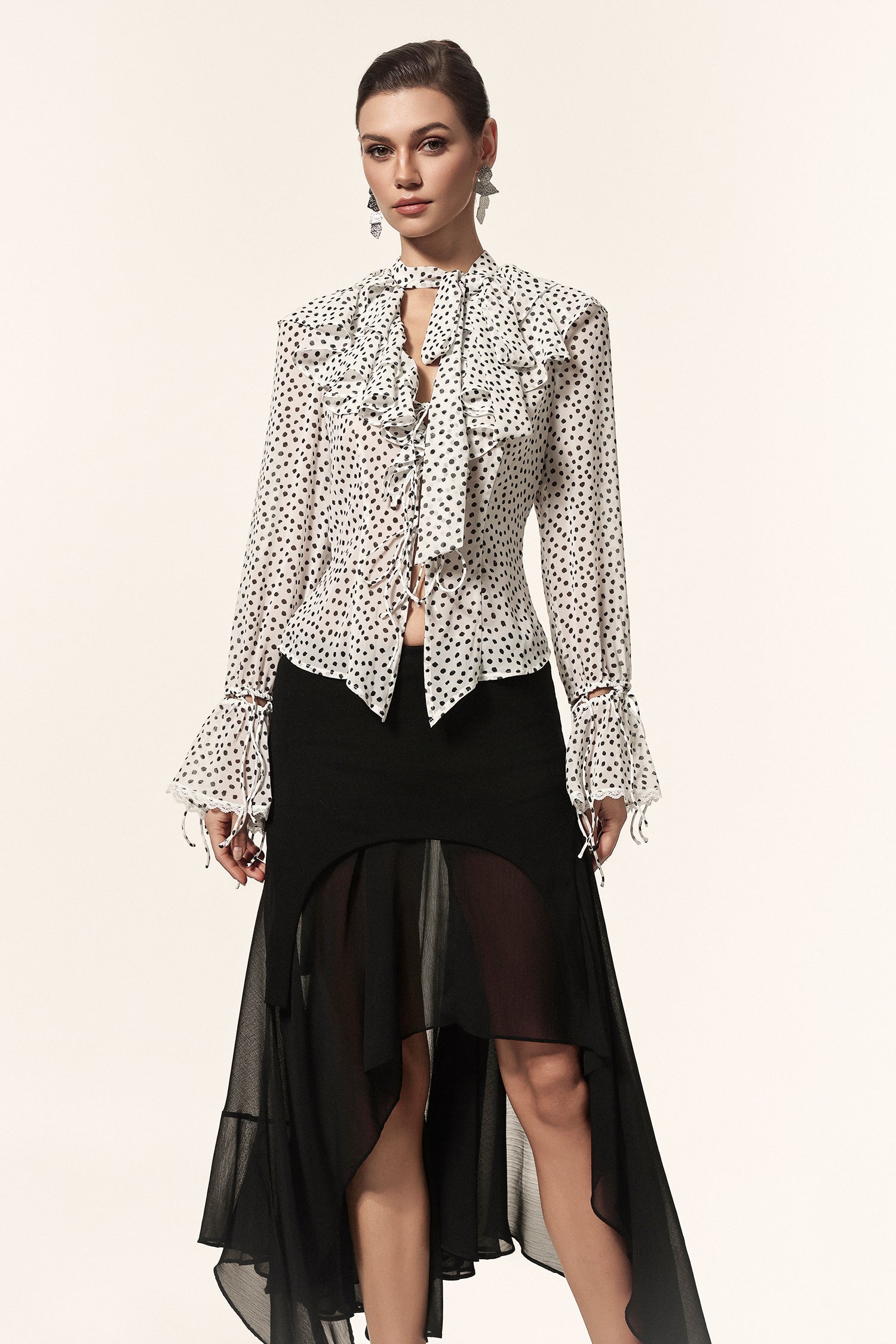 Gerianna V-Neck Long Sleeves Folds Dot Printed Asymmetric Top And Skirt Two-Piece Set