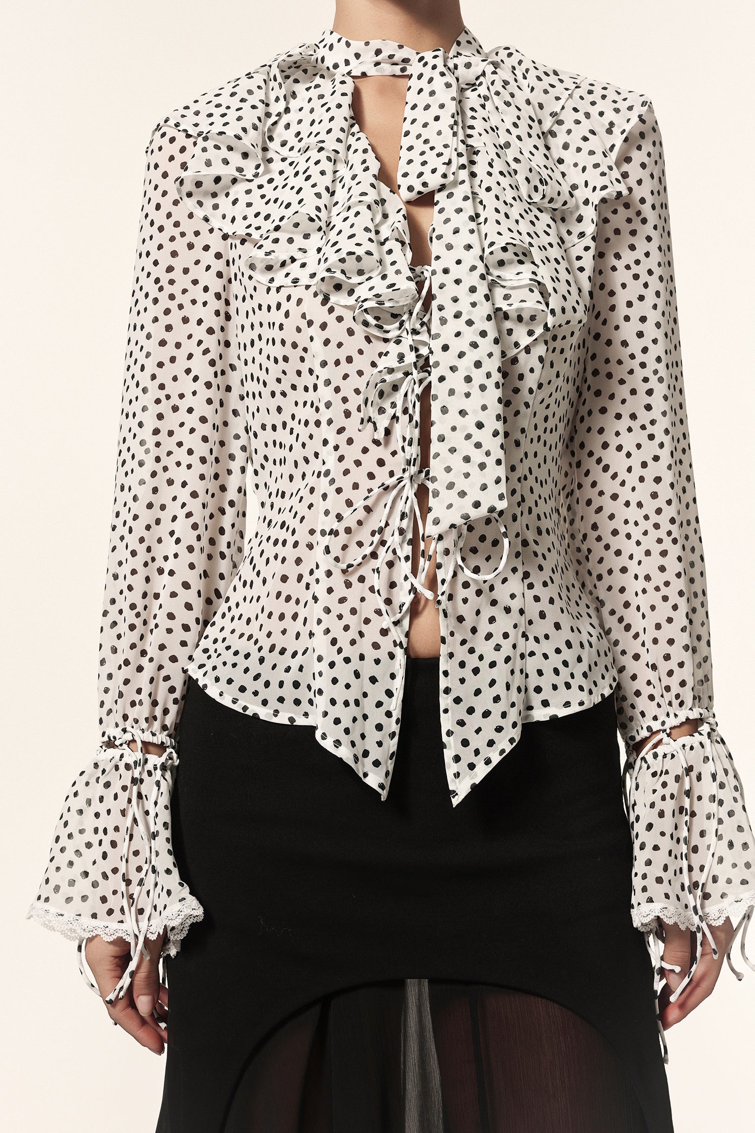 Gerianna V-Neck Long Sleeves Folds Dot Printed Asymmetric Top And Skirt Two-Piece Set
