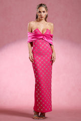 Haliya Off The Shoulder V Neck Diamond Bandage Maxi Dress