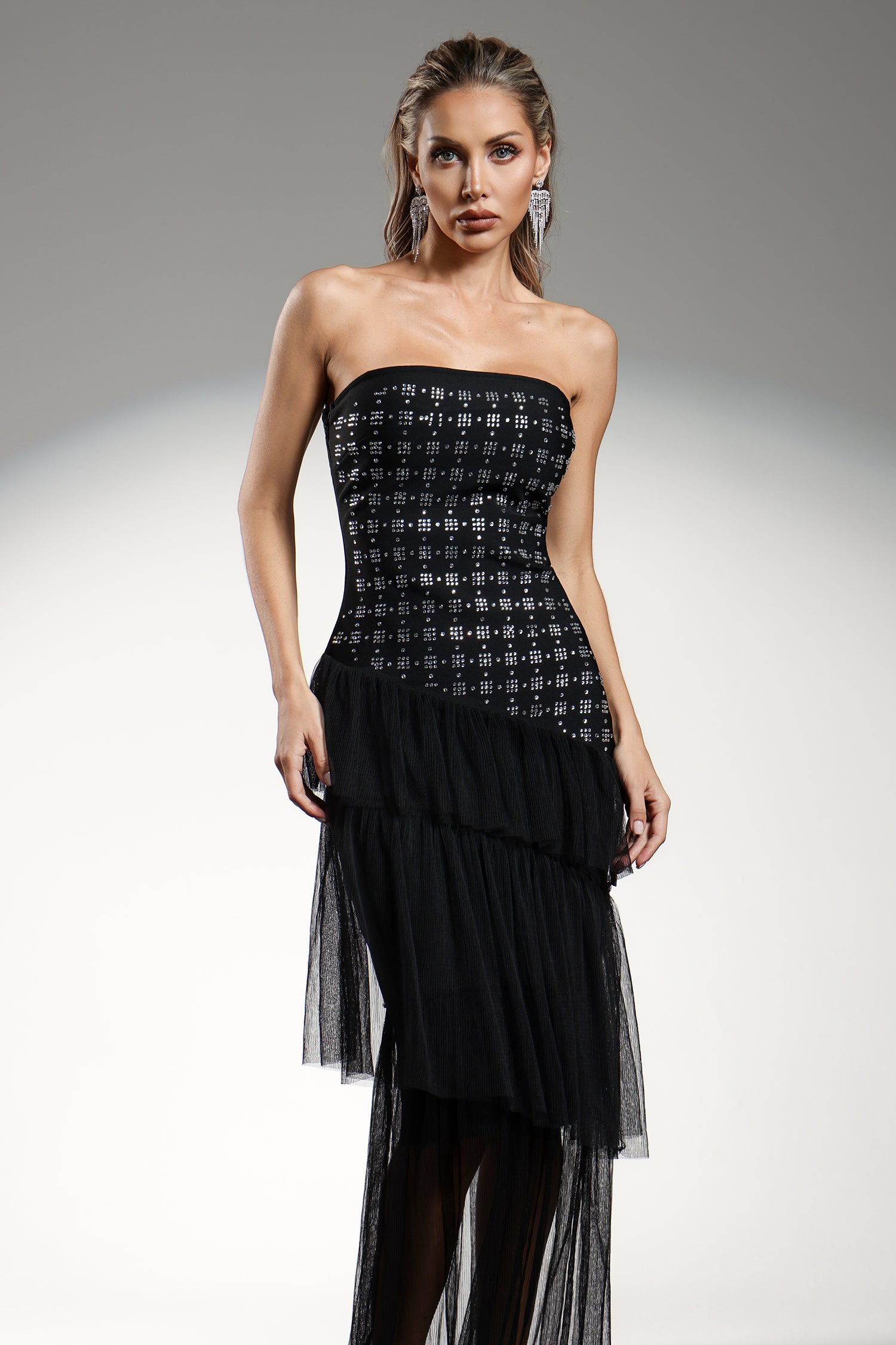 Lunia Sleeveless Diamond Ruffle Bandage Maxi Dress
