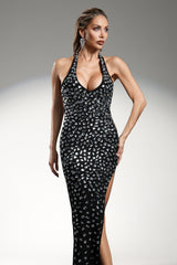 Lexie Halter Sleeveless V Neck Diamond Maxi Dress