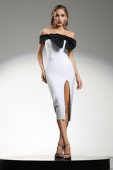 Locava Off The Shoulder Bow Contrast Color Bandage Midi Dress