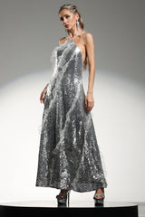 Dilara Sleeveless Halter Sequins Ruffled Maxi Dress