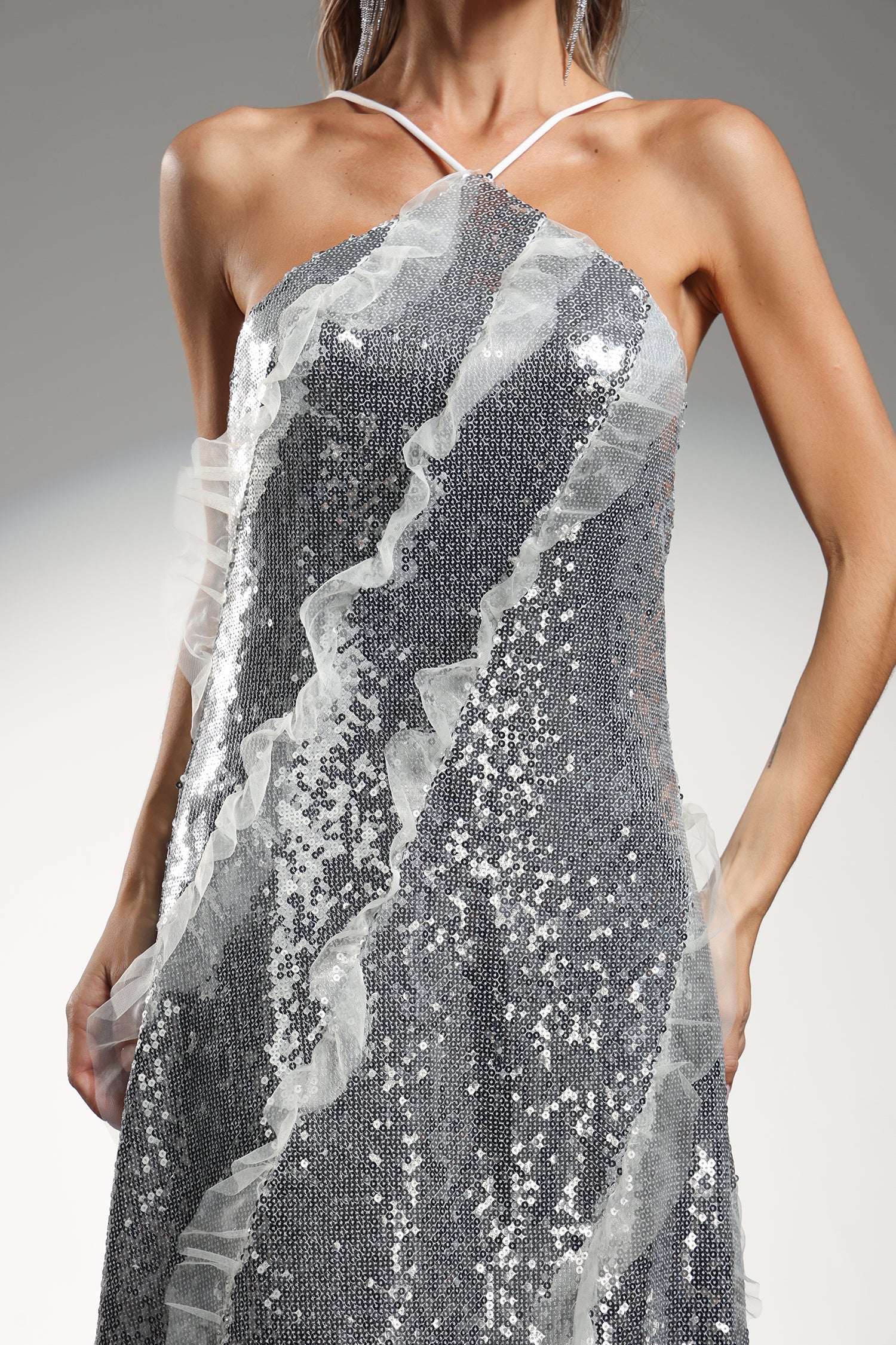 Dilara Sleeveless Halter Sequins Ruffled Maxi Dress