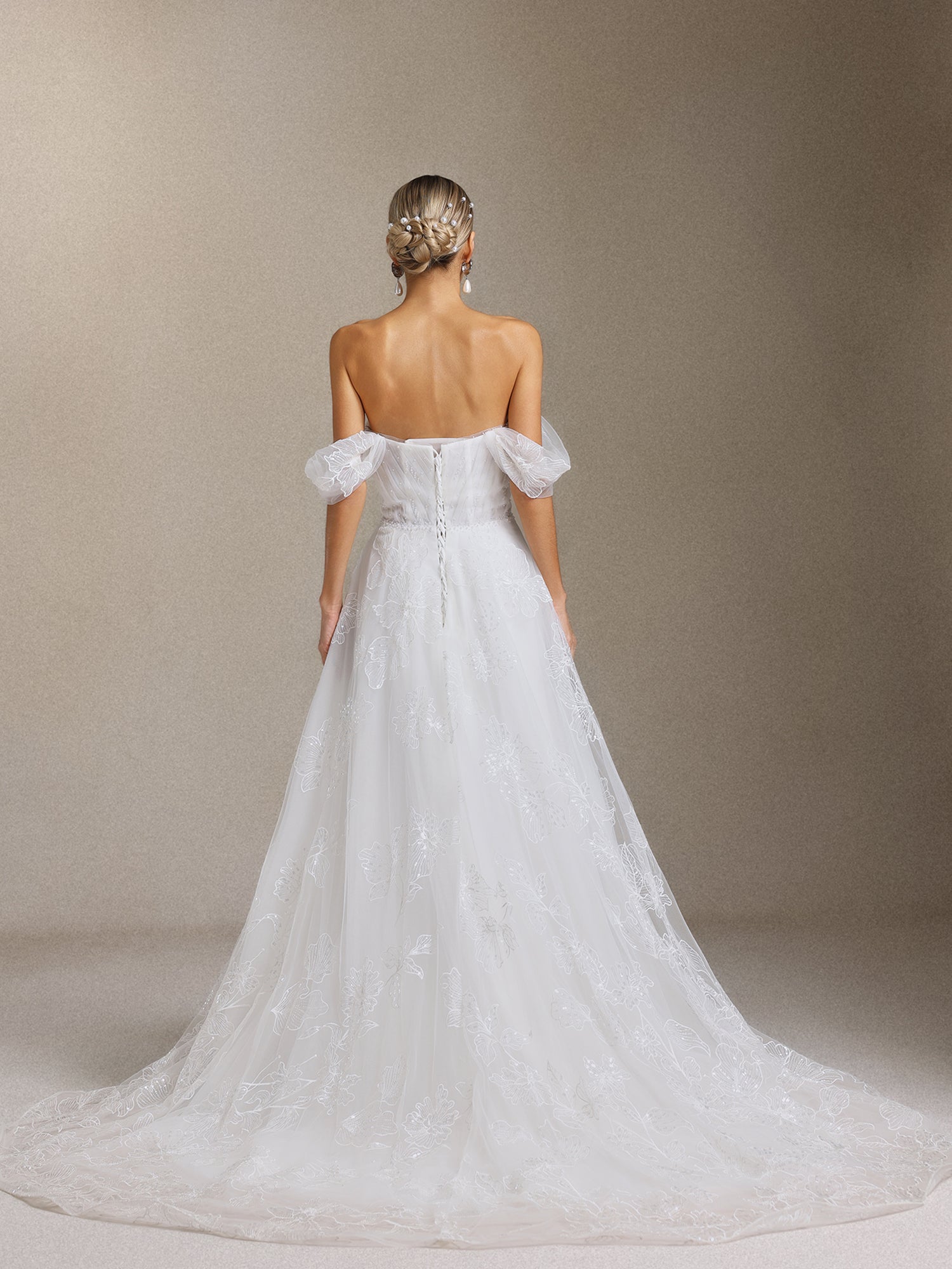 Liama Off-the-shoulder pearl flower lace Maxi wedding Dress