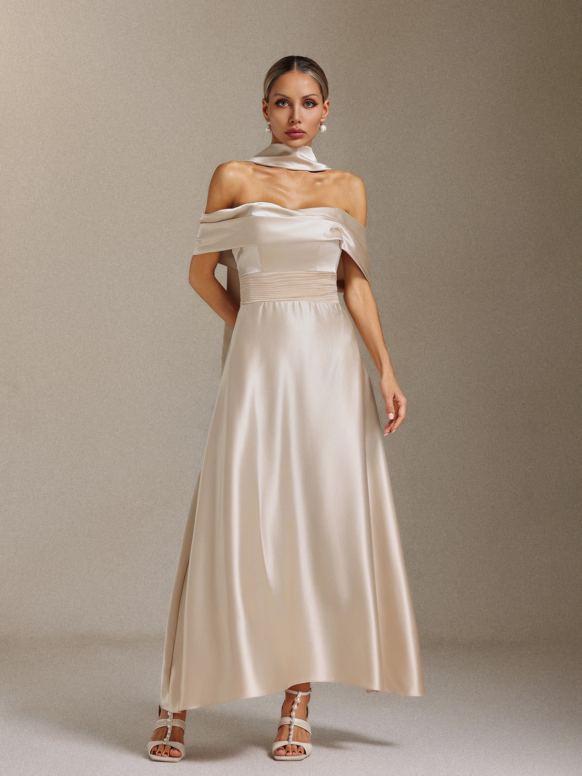 Elsie Off-the-shoulder, tapered, waist-cinching maxi dress