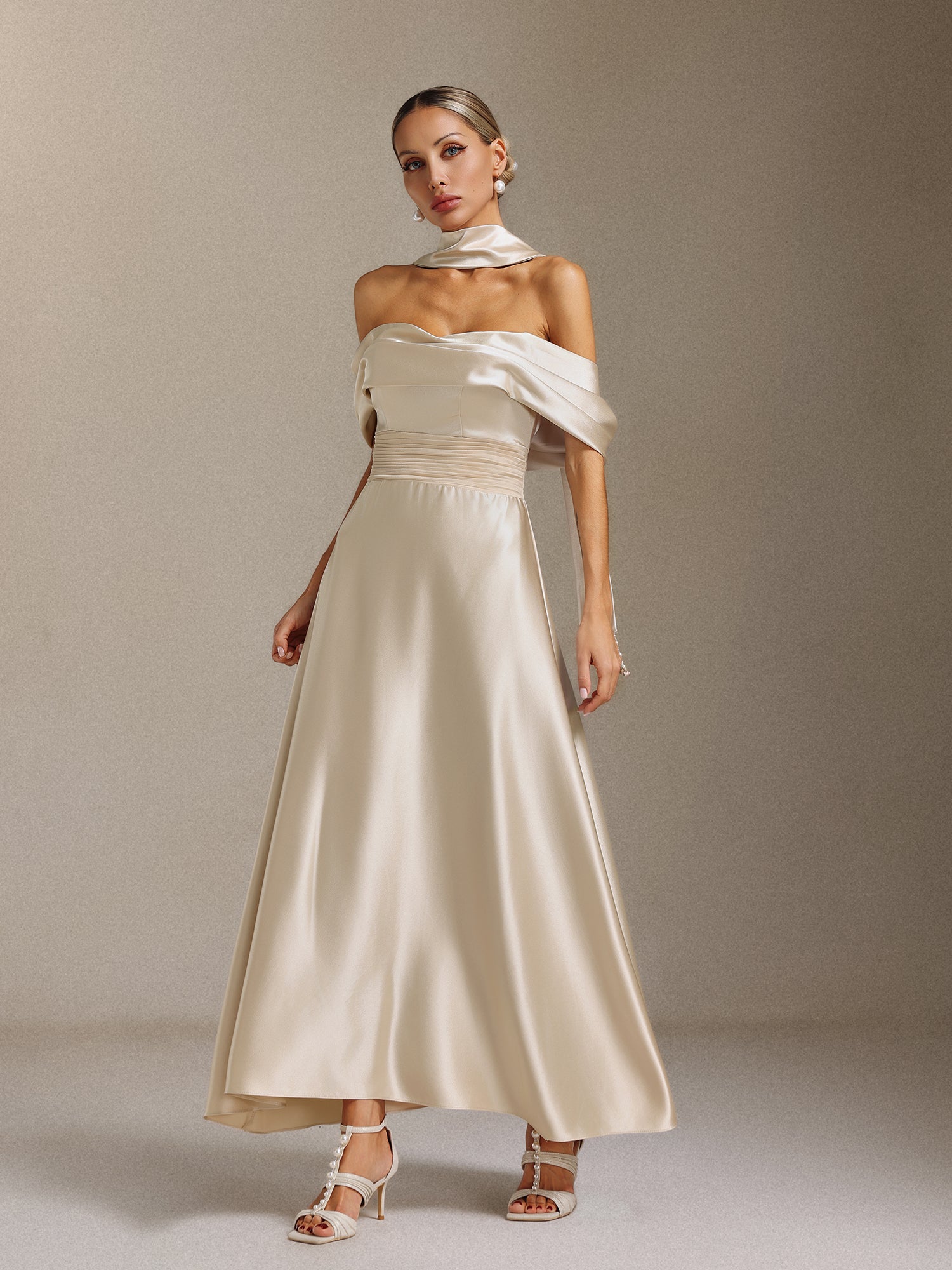 Elsie Off-the-shoulder, tapered, waist-cinching maxi dress