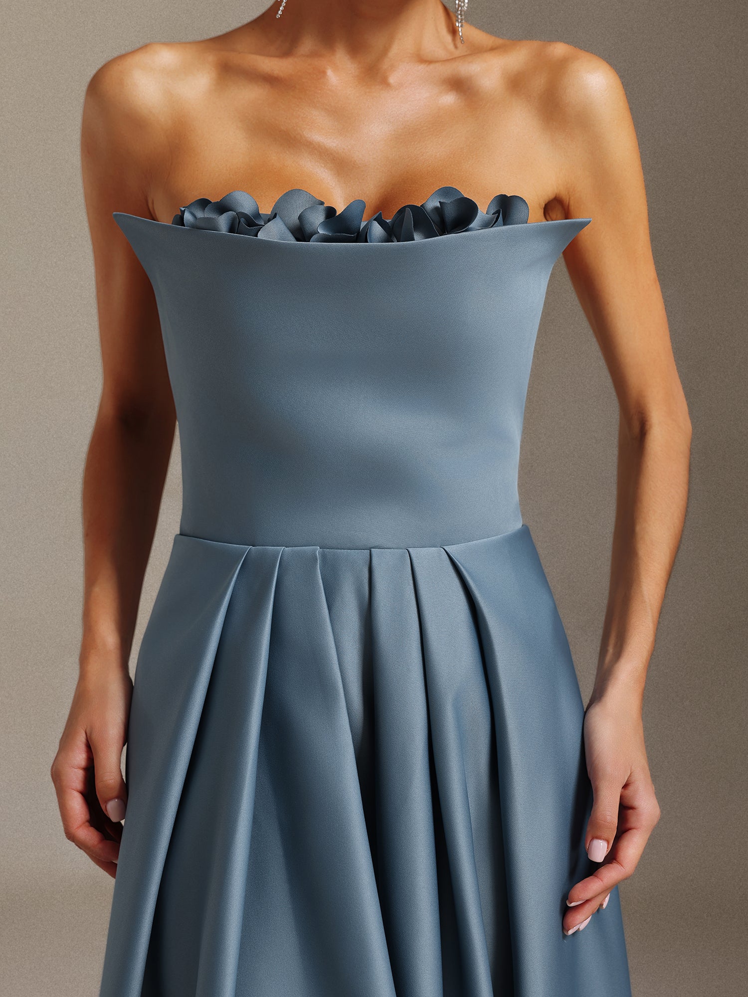 Elysande Strapless pleated three-dimensional floral slimming maxi dress