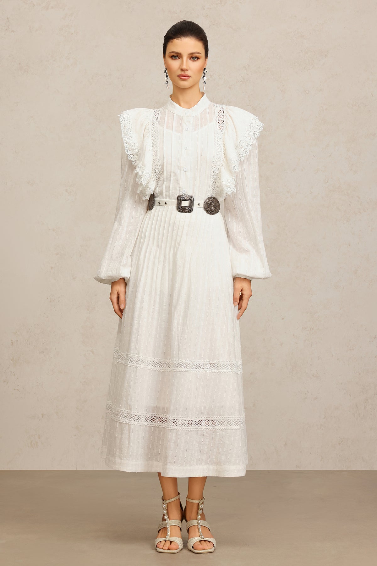 Ditala Long Sleeves Lace Folds Top And Skirt Two-Piece Set