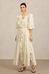 Wika V-Neck Elbow Sleeves Folds Beige Maxi Dress