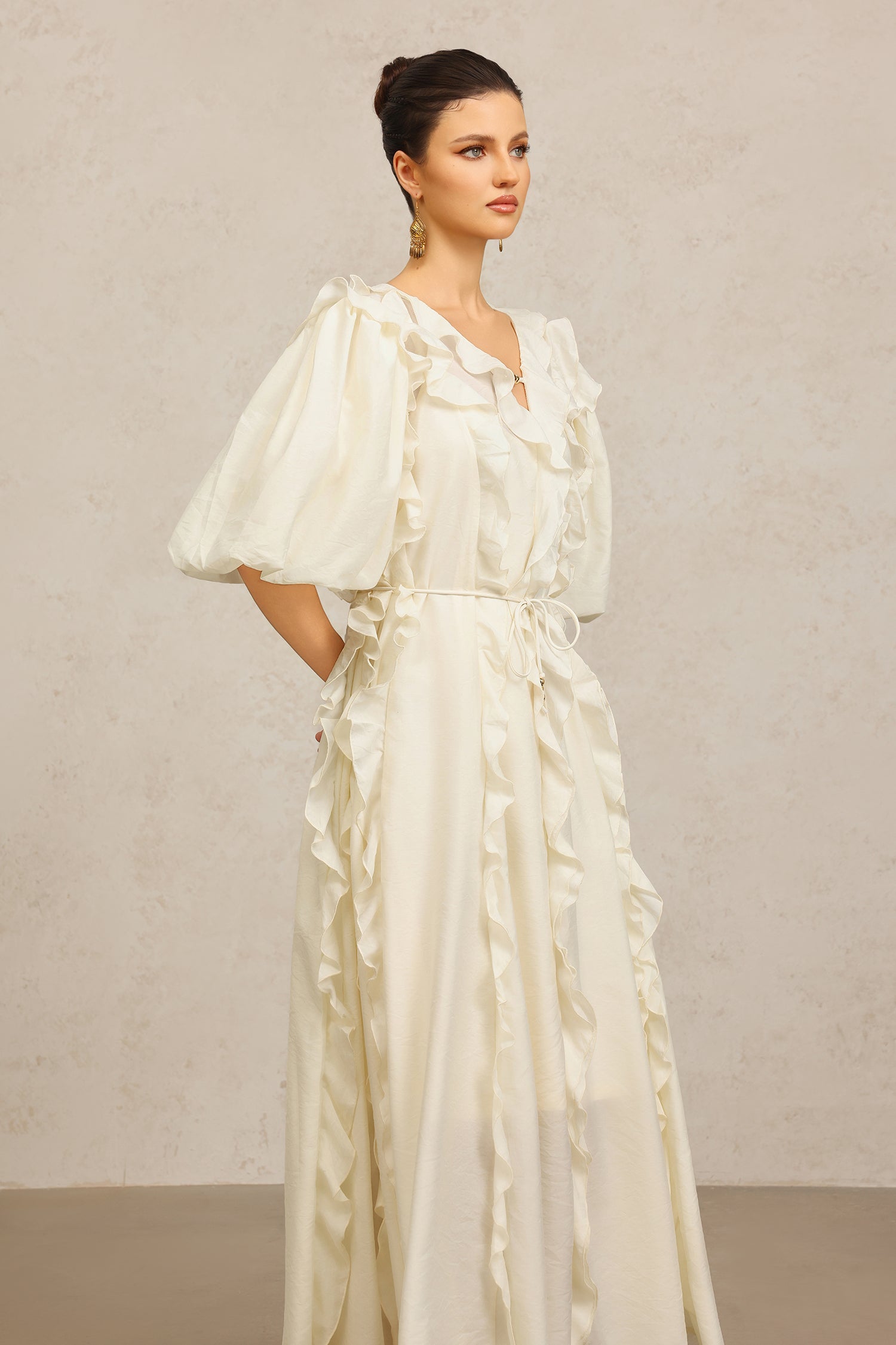 Wika V-Neck Elbow Sleeves Folds Beige Maxi Dress