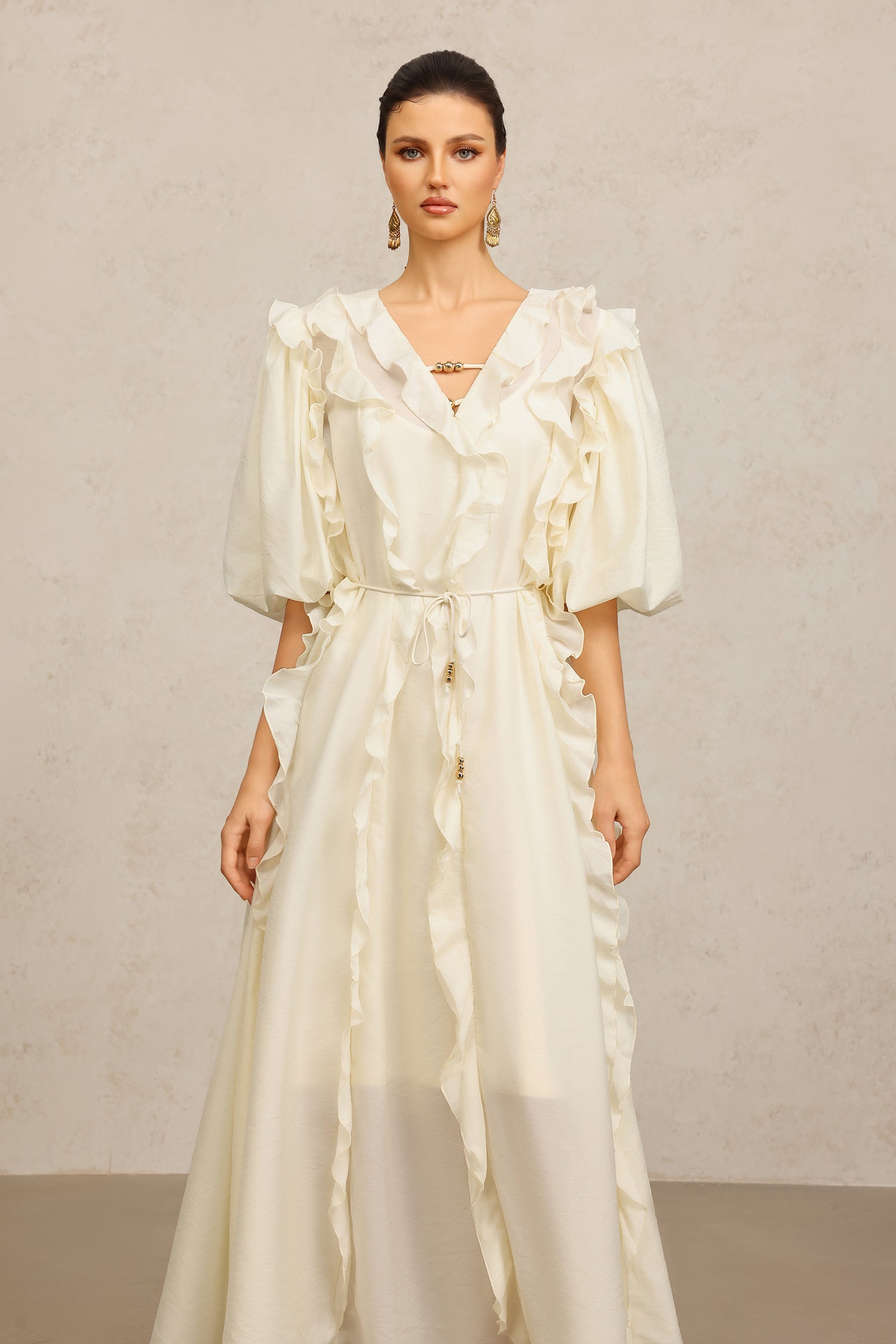 Wika V-Neck Elbow Sleeves Folds Beige Maxi Dress