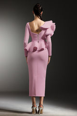 Faray Ruffled Long Sleeves Pink Maxi Dress