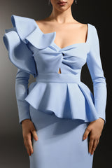 Faray Ruffled Long Sleeves Blue Maxi Dress