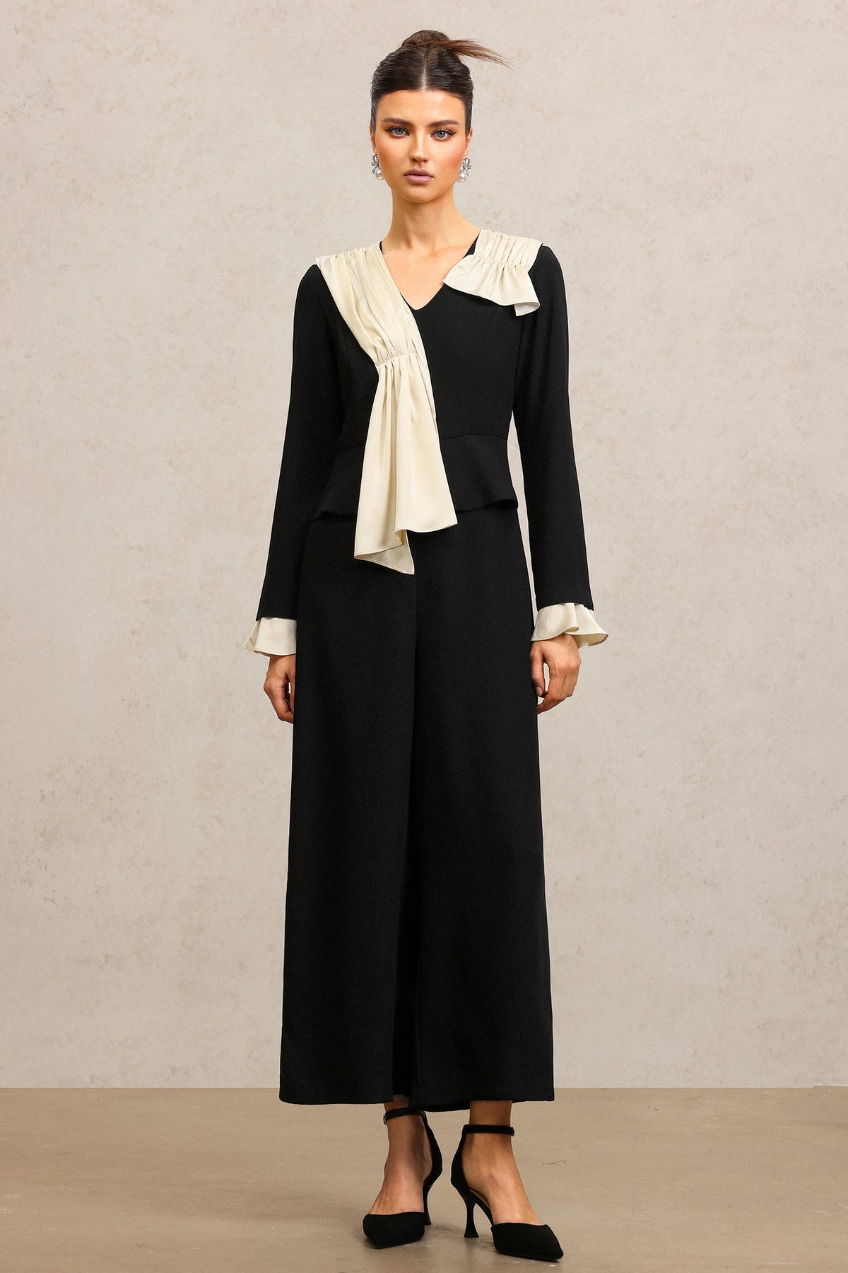 Karsten V-Neck Long Sleeves Folds Maxi Jumpsuit