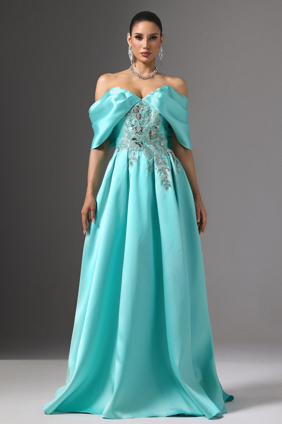 Salamo Off-Shoulder Floral Embroidered Maxi Dress