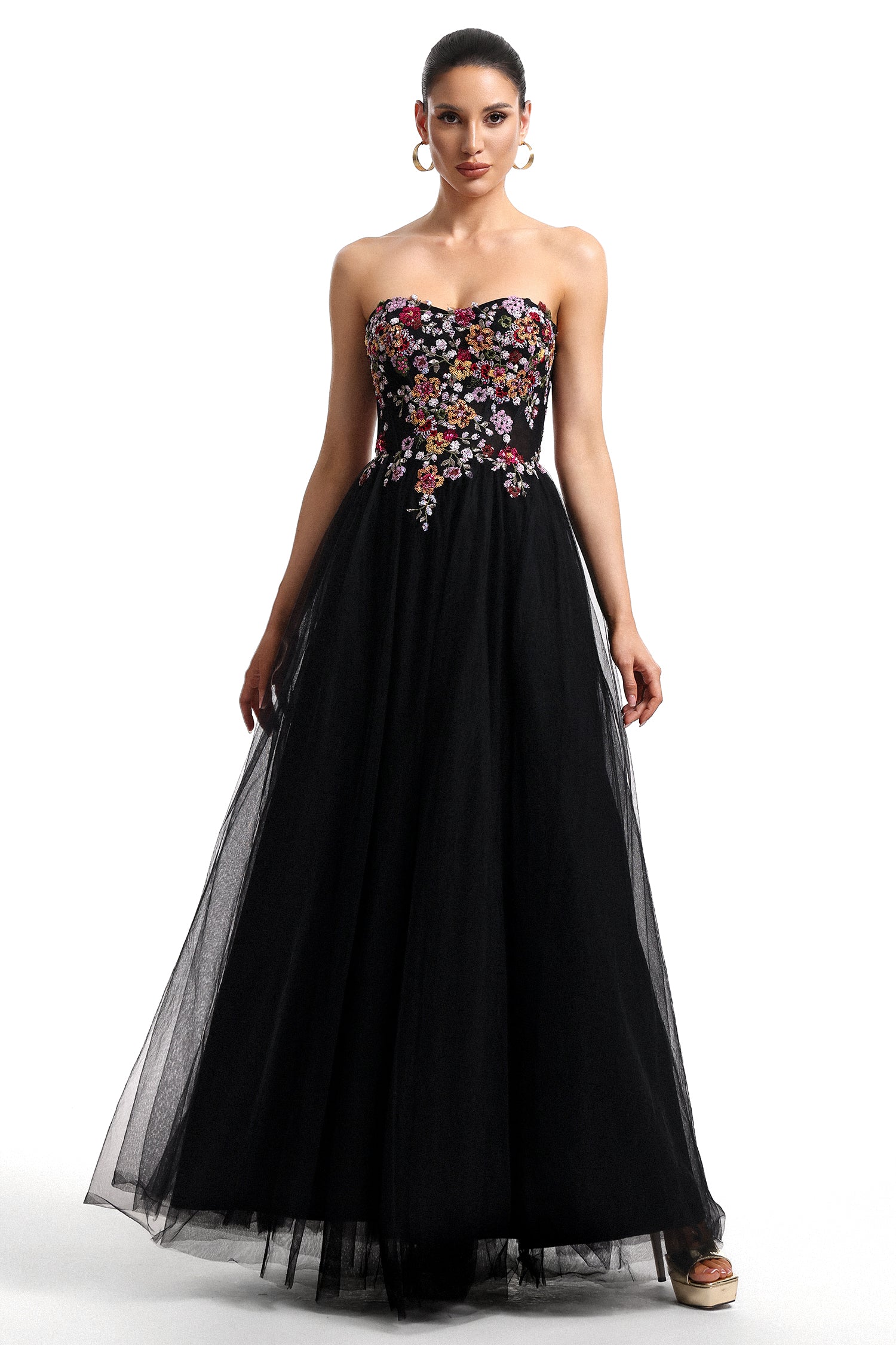 Timesha Strapless Floral Embroidered High Slit Maxi Dress
