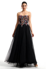 Timesha Strapless Floral Embroidered High Slit Maxi Dress