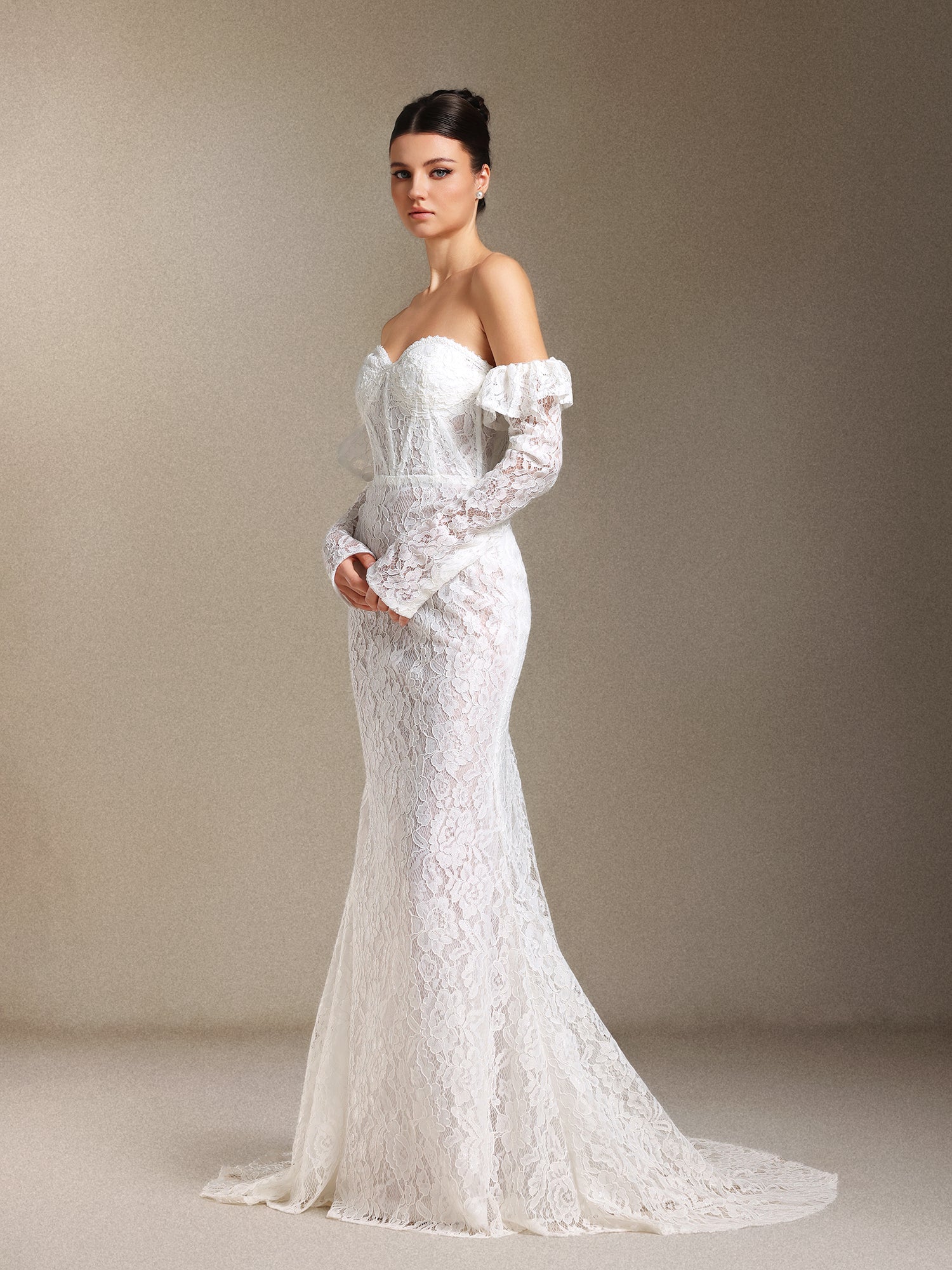 Eudase Lace Chest smearing Sleeve covers Fish bone maxi wedding dress