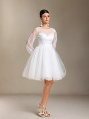 Zakana Long sleeves Pearl Mesh yarn Satin Mini wedding dress