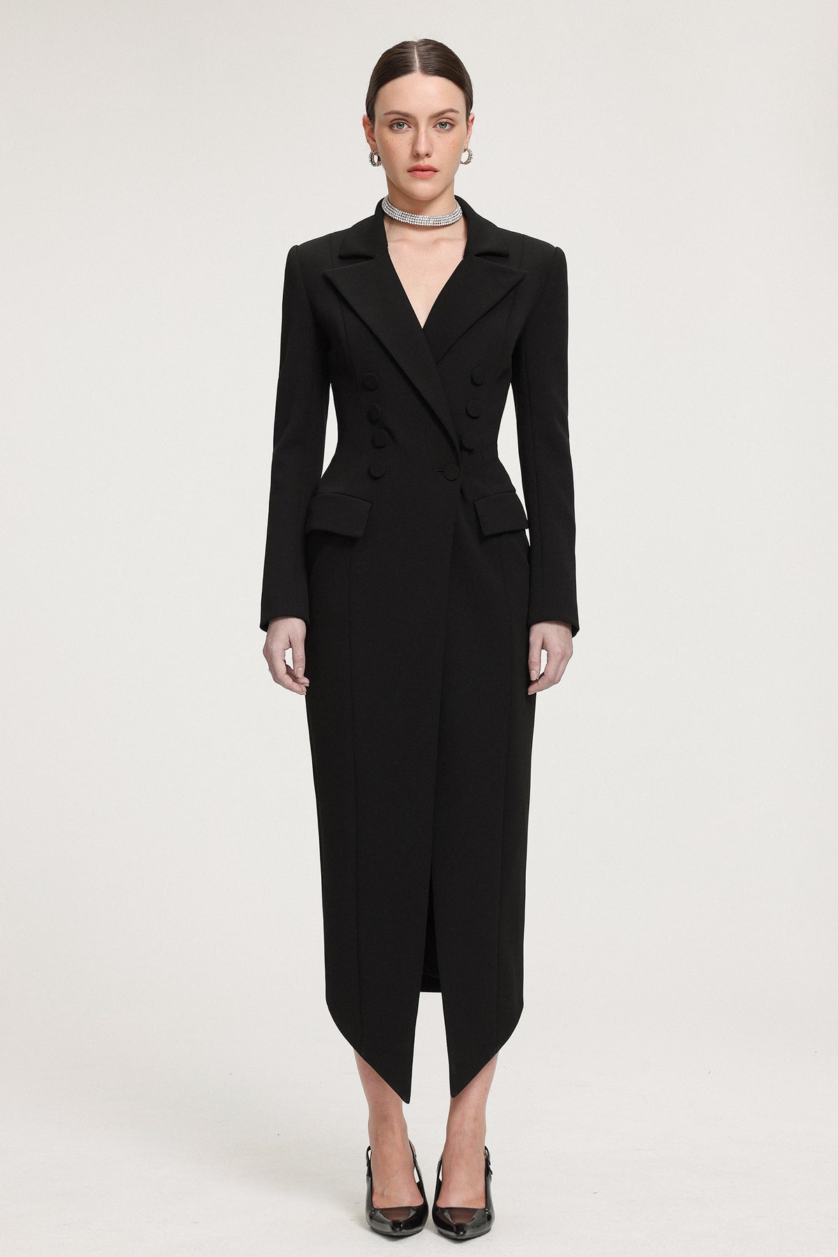 Double-Breasted Asymmetric Hem Crepe Maxi Coat