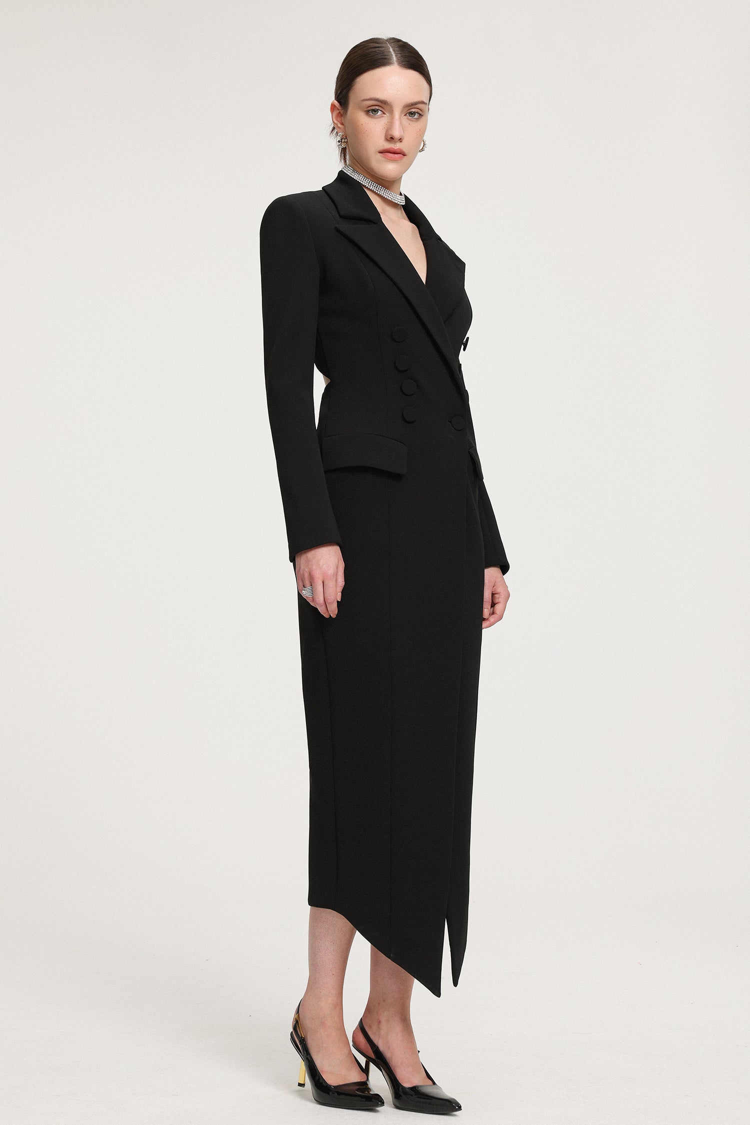 Double-Breasted Asymmetric Hem Crepe Maxi Coat