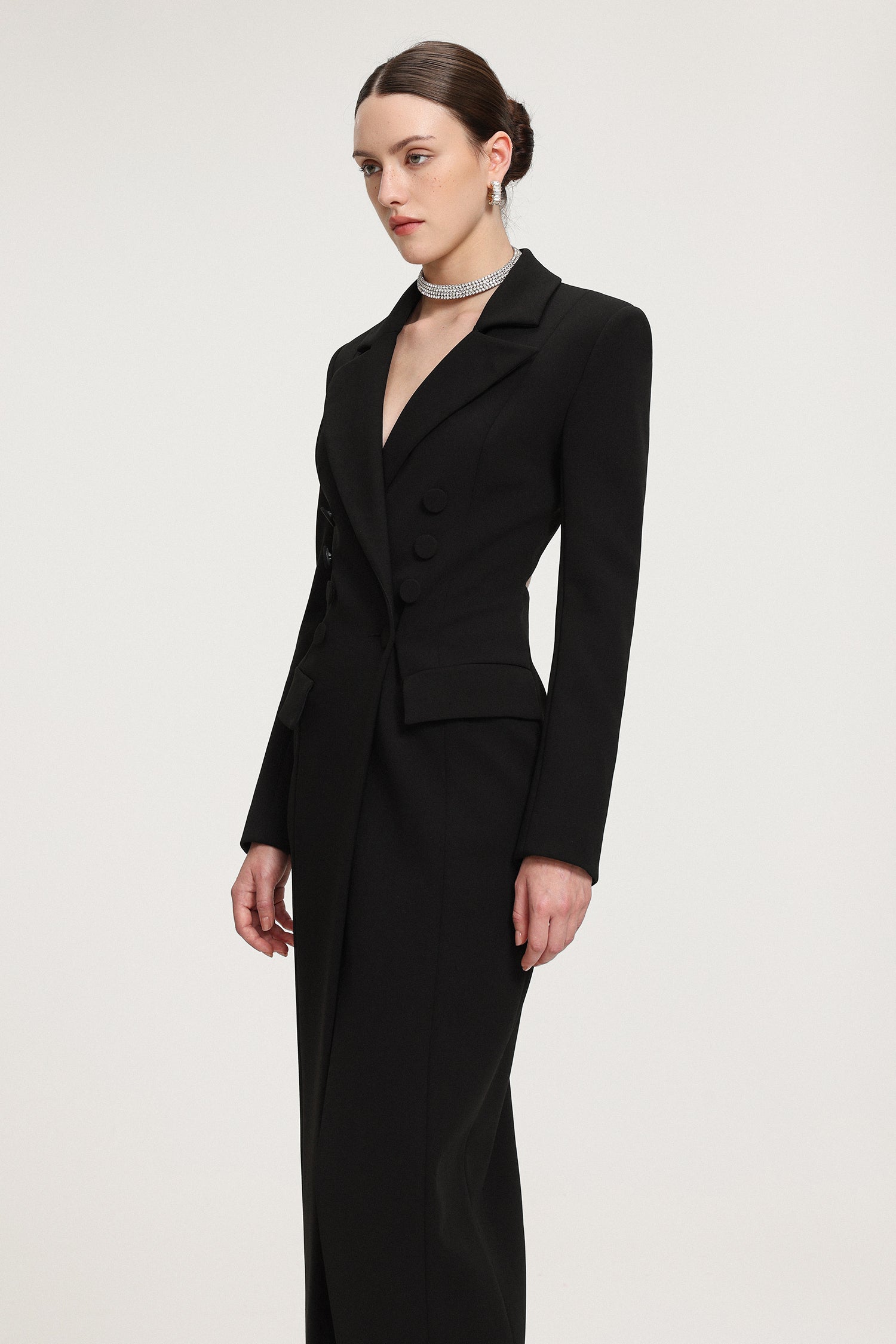 Double-Breasted Asymmetric Hem Crepe Maxi Coat