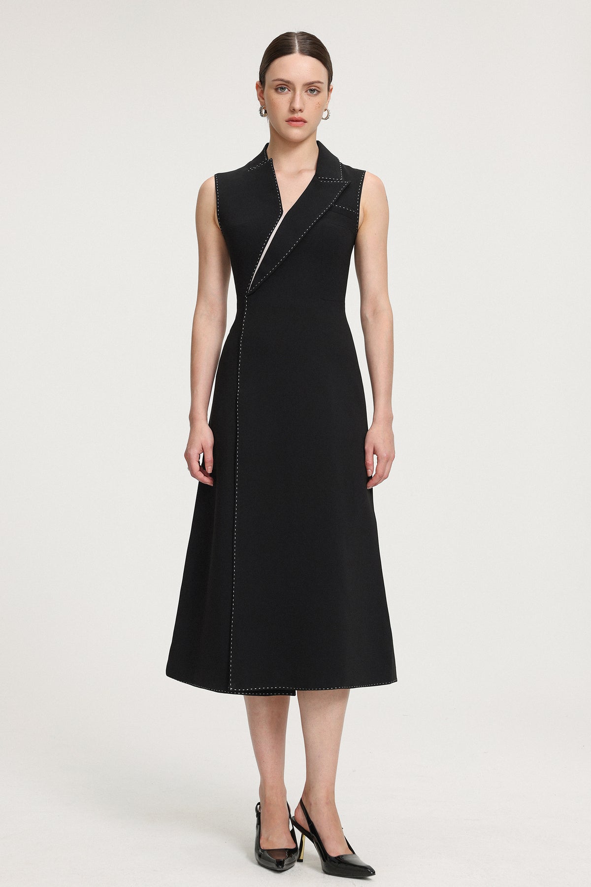 Contrast-Stitched Crepe Midi Dress