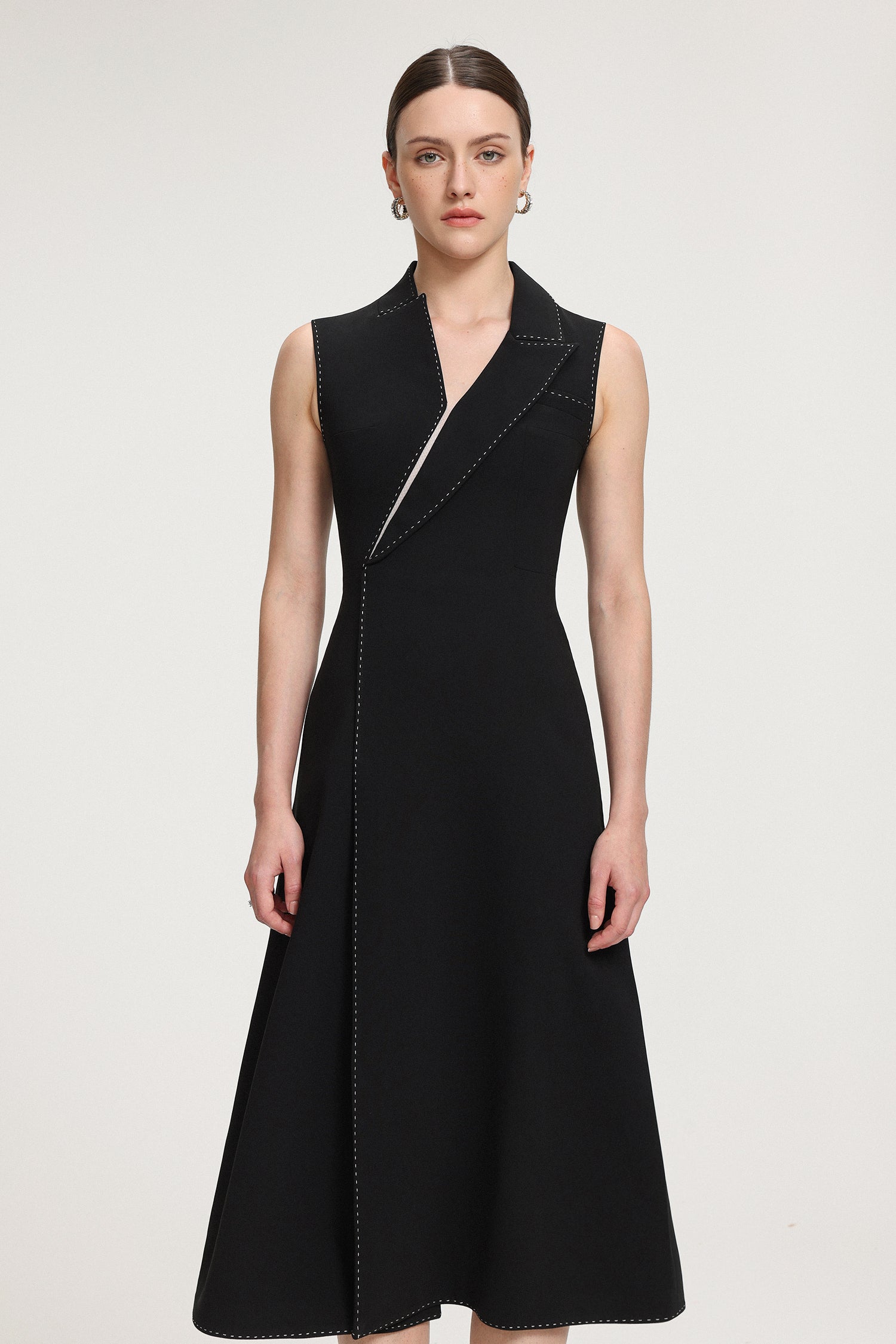 Contrast-Stitched Crepe Midi Dress
