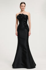 3D Floral - Embellished Strapless Satin Mermaid Maxi Dress