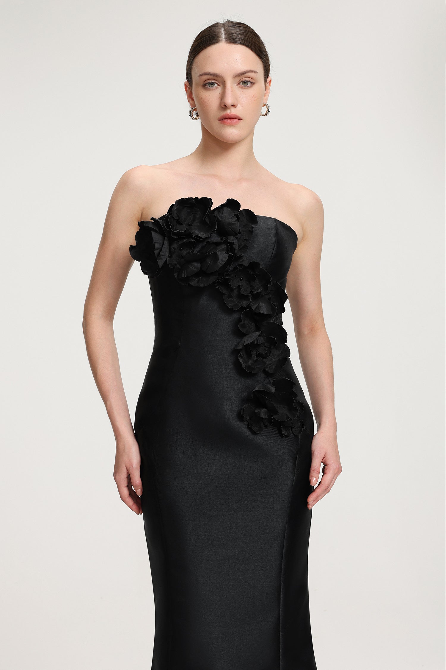 3D Floral - Embellished Strapless Satin Mermaid Maxi Dress
