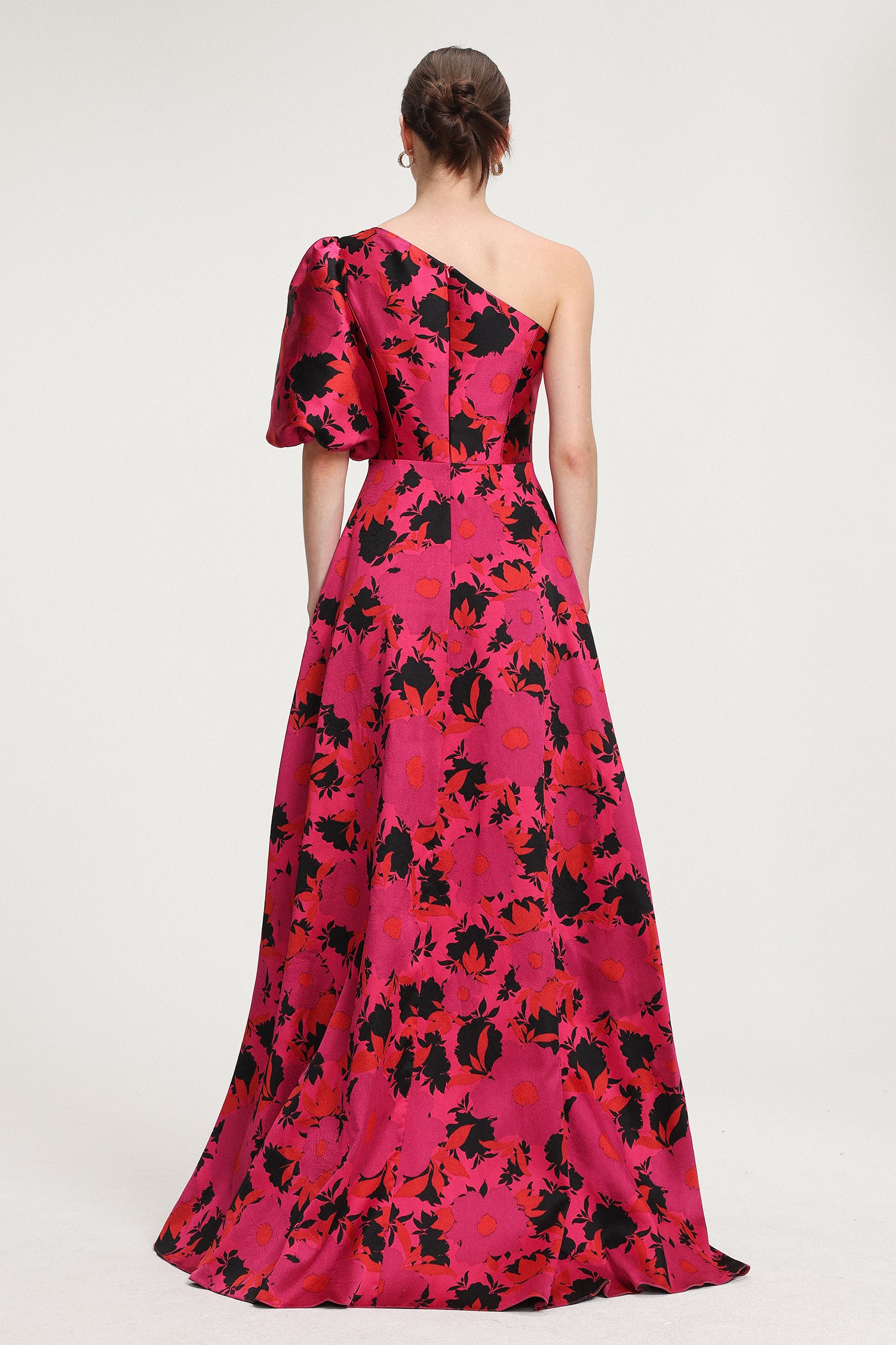 Floral-Printed One-Shoulder Satin Maxi Dress