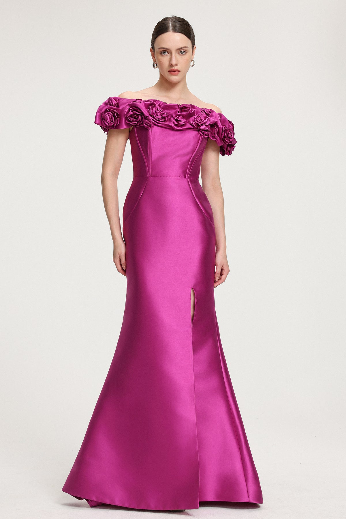 Rose-Embellished Satin Off-Shoulder Maxi Dress