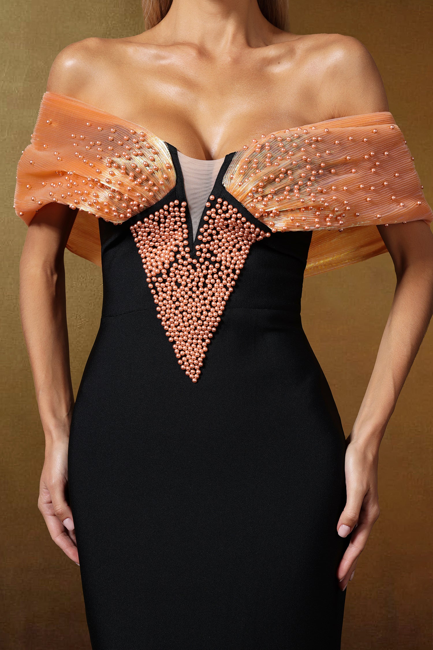 Dorie Deep-V Bandage One-shoulder Pearl Orange Maxi Dress