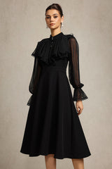 Roto Long Sleeves False Two-Piece Flowers Midi Dress