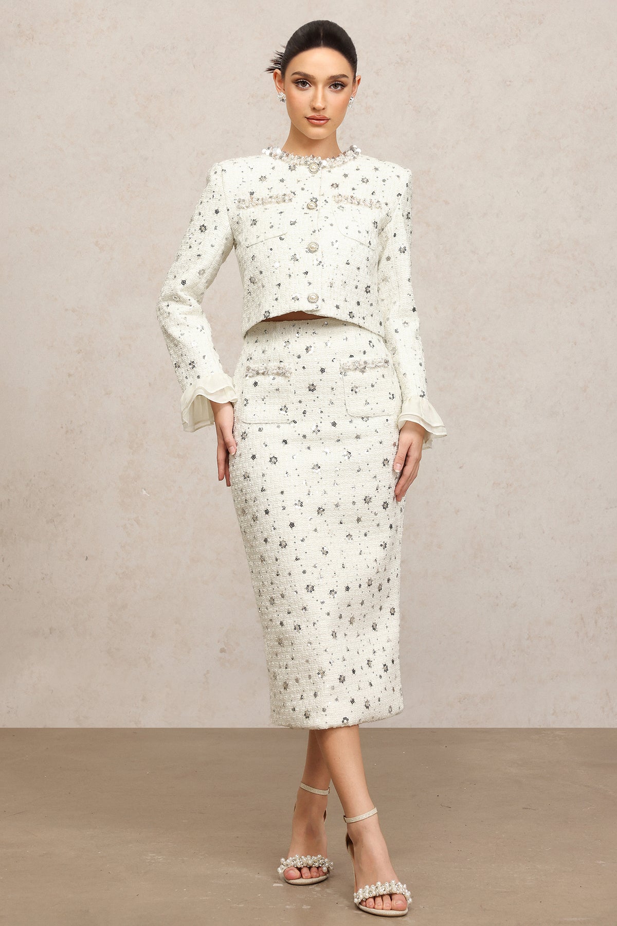 Lucretia Round Neck Long Sleeves Sequin Pearl Top And Skirt Two-Piece Set
