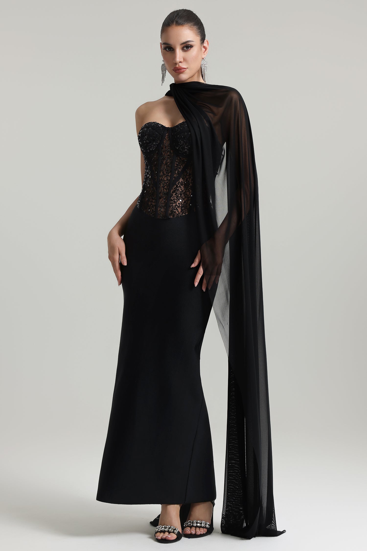 Dodou Strapless Cape Sequin Bandage Maxi Dress