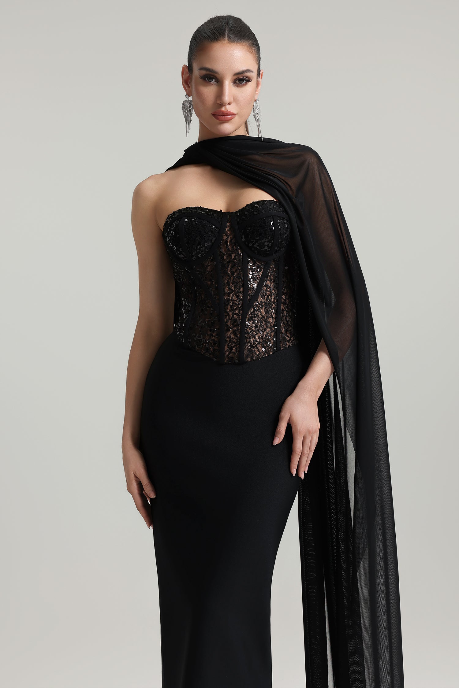Dodou Strapless Cape Sequin Bandage Maxi Dress
