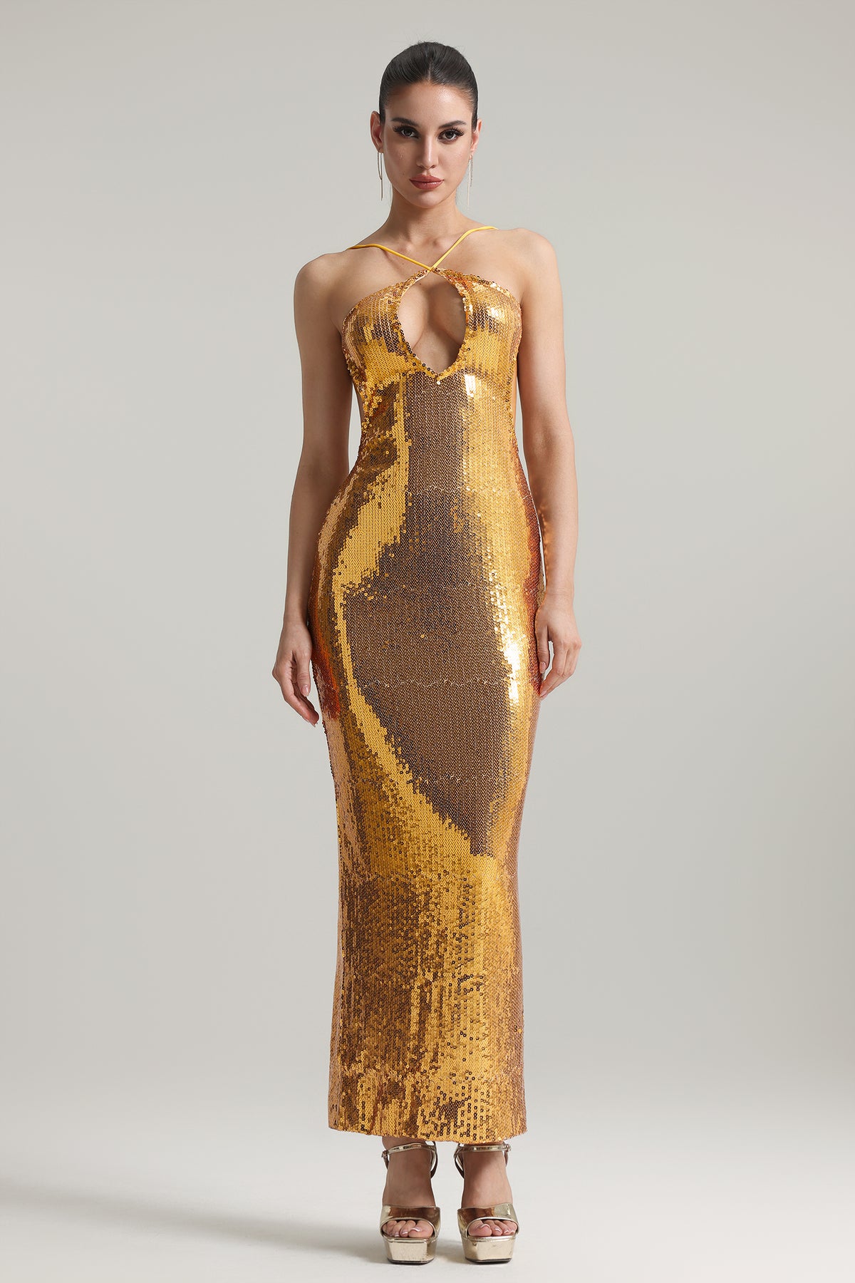 Hazada Halter Cut Out Backless Sequin Maxi Dress