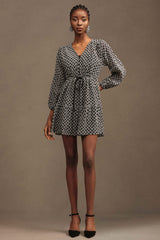 Jellay Vintage Chic V Neck Long Sleeve Chiffon Mini Dress
