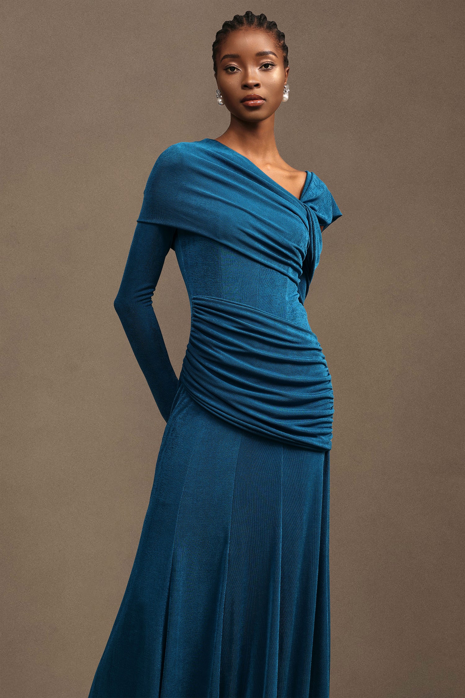 Luysa Elegant Contour One Shoulder Ruched Knit Maxi Dress