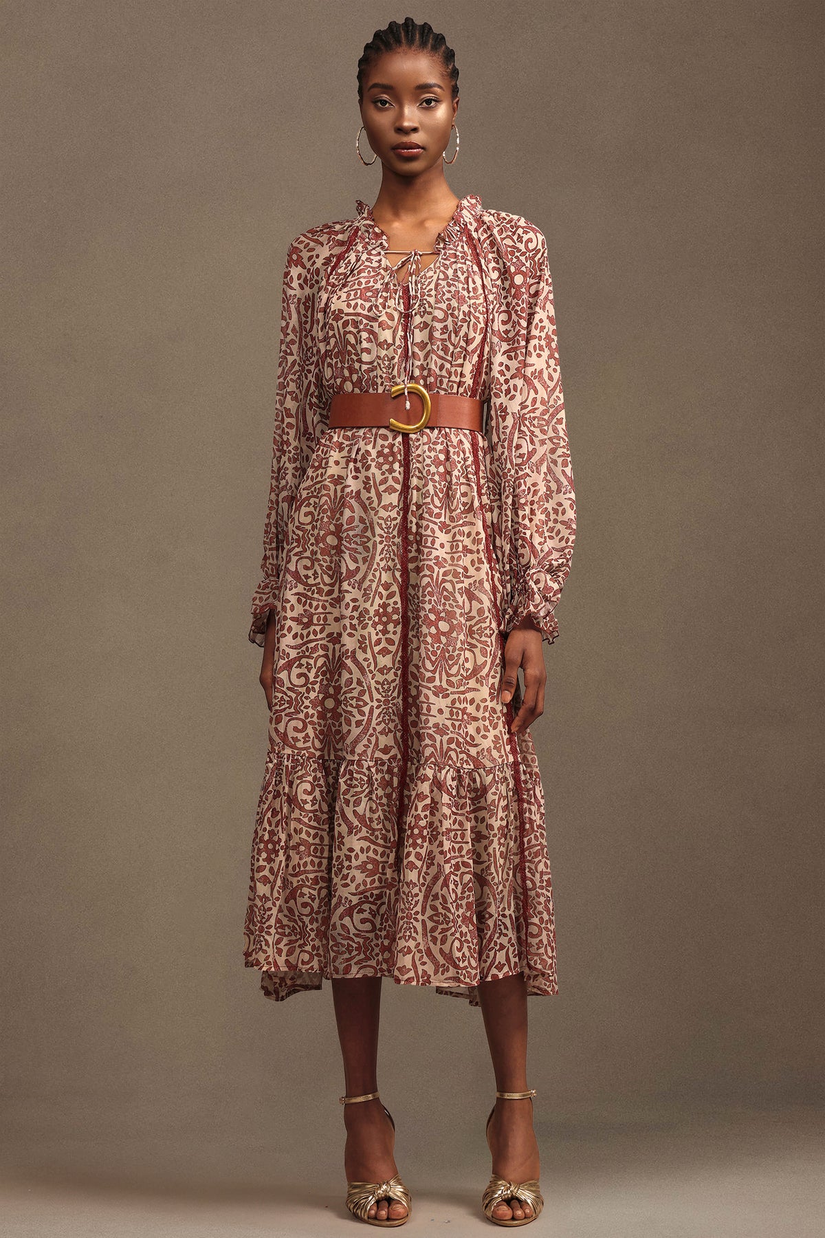 Dolo Resort Bohemian Flowy Long Sleeve Printed Chiffon Maxi Dress