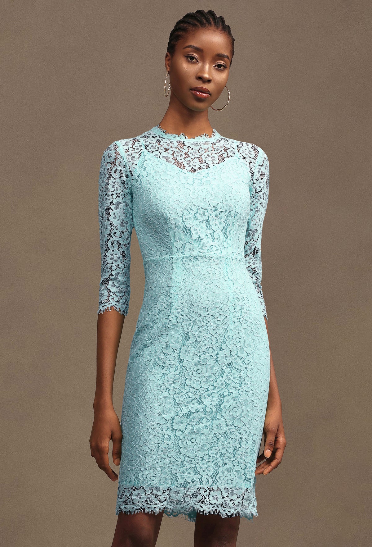 Kezia Elegant Tailored Round Neck Long Sleeve Floral Lace Midi Dress