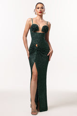 Megan Flower Cut Out Twist Slit Maxi Dress - Green