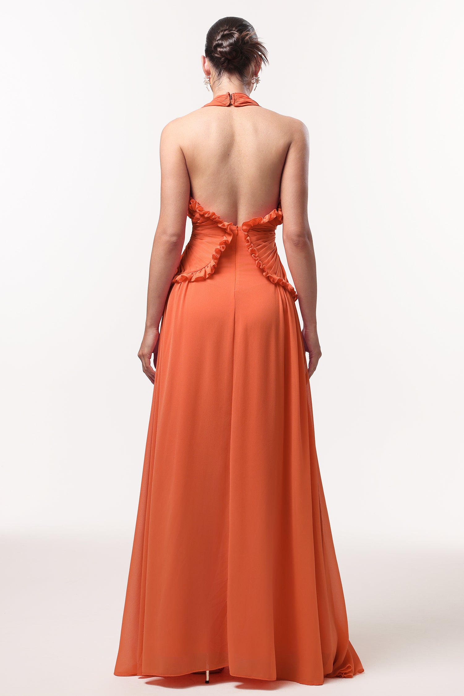 Pinky Resort Flowy Halter Ruched Mesh Maxi Dress