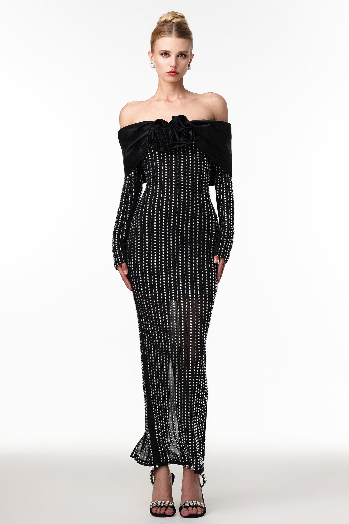Uareni Elegant Contour Off Shoulder Crystal Floral Mesh Maxi Dress
