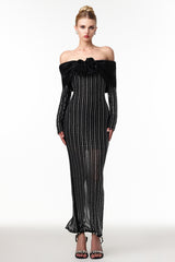 Uareni Elegant Contour Off Shoulder Crystal Floral Mesh Maxi Dress